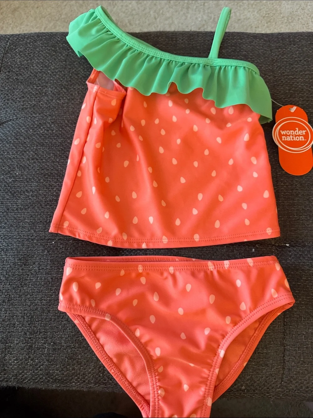 Wonder Nation Coral Pink Polka One-Shoulder Tankini with Green Ruffle